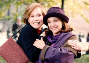Mary Tyler Moore and Valerie Harper filming scenes from their upcoming TV movie "Mary & Rhoda" in 1999
